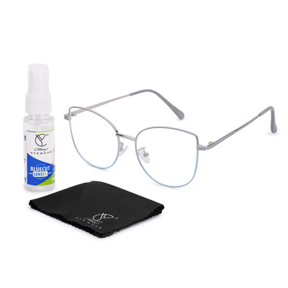 Cilliary’s CAT 887 Silver Blue Grey Blue Cut Eyewear for Men & Women | Premium Metal Computer Glasses | Size 50-19-145 | Free Case, Cloth & Spray