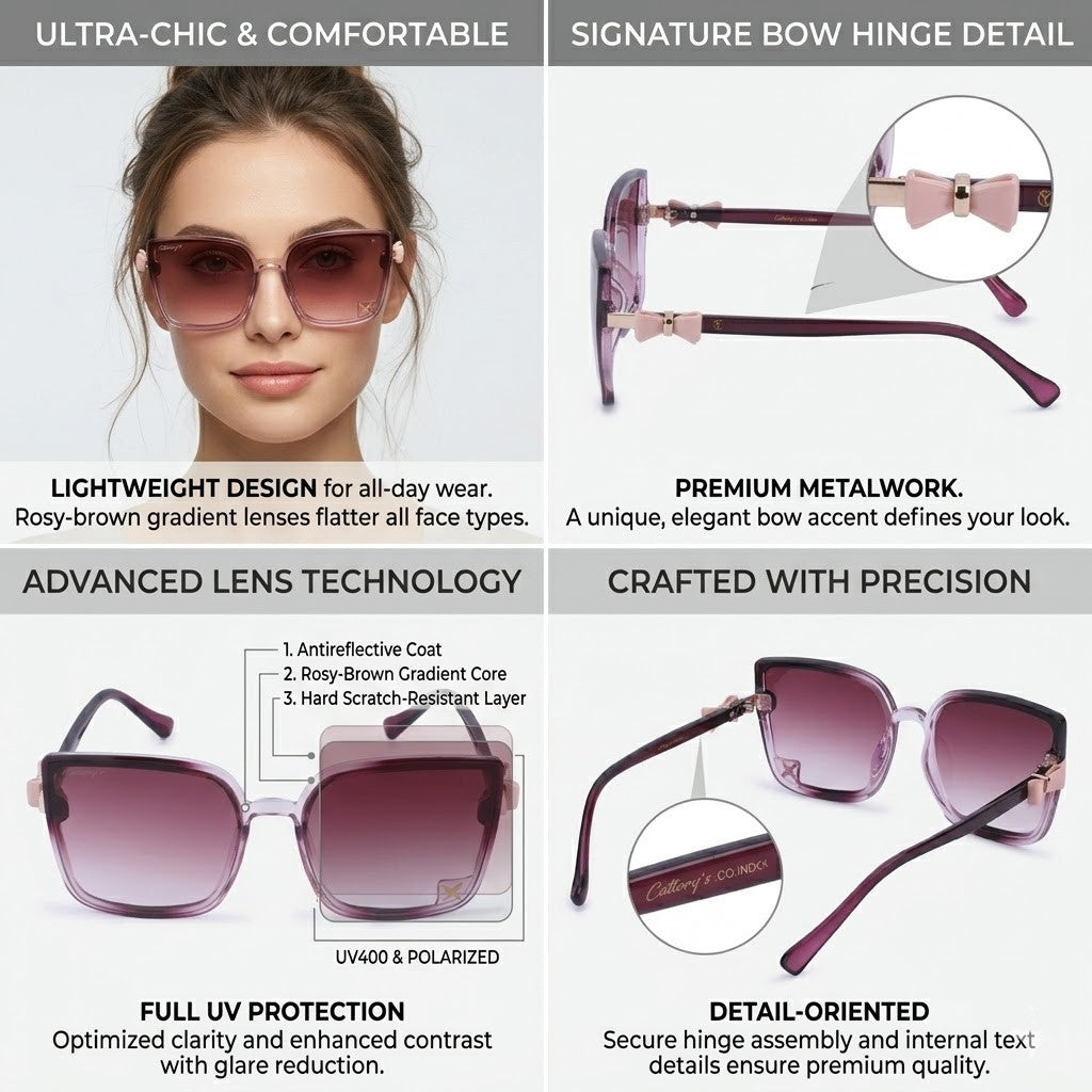 Cilliary's Women's Square Sunglasses | Premium Designer Eyewear with Signature Bow Hinge Detail | UV400 Protected Fashion Sunglasses for Women (Transpink)