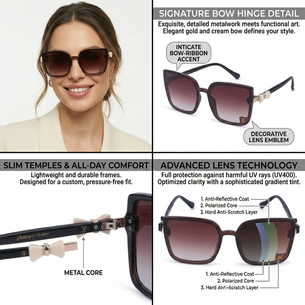 Cilliary's Women's Oversized Square Polarized Sunglasses | UV400 Protection | Gradient Lens | Lightweight Metal Core Frame | Stylish Bow Hinge Detail | Premium Fashion Eyewear