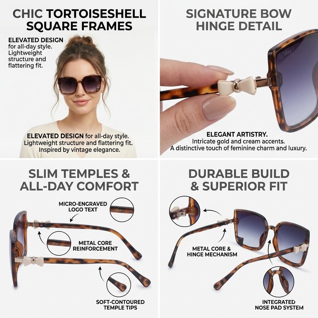 Cilliary's Women's Square Sunglasses | Premium Designer Eyewear with Signature Bow Hinge Detail | UV400 Protected Fashion Sunglasses for Women (Leopard Black)